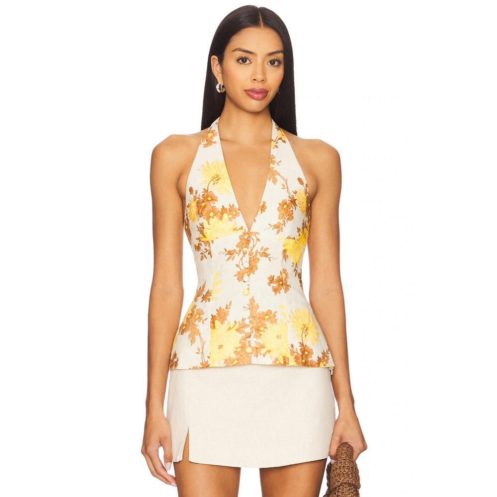NWT Faithfull the Brand Marie Top in Midsummer Floral Mustard Brown Linen Halter - Picture 4 of 11